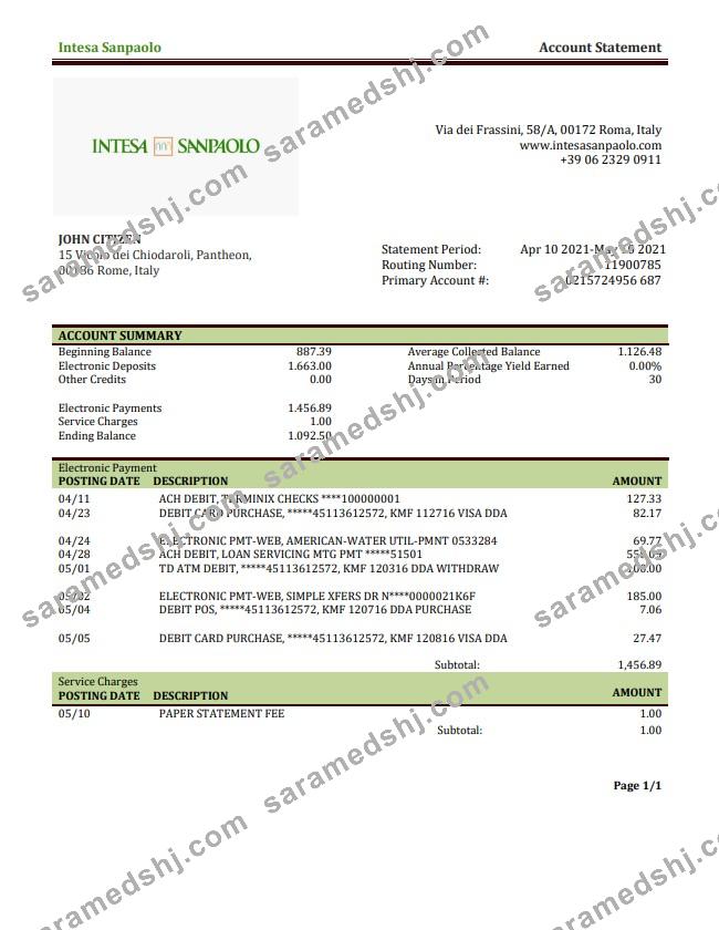 Italy Intesa Sanpaolo bank statement